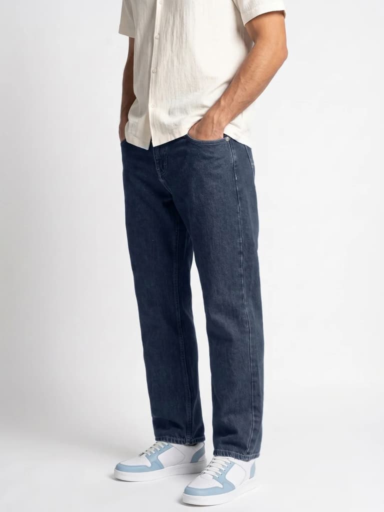 Men's Dark Blue Relaxed Fit Washed Denim Jeans Non-Stretchable — photo 2
