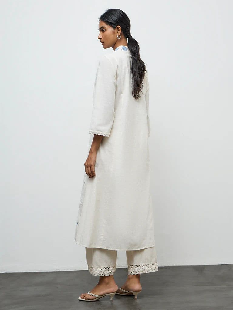 Utsa White Floral Embroidered A-Line Cotton Kurta — photo 4