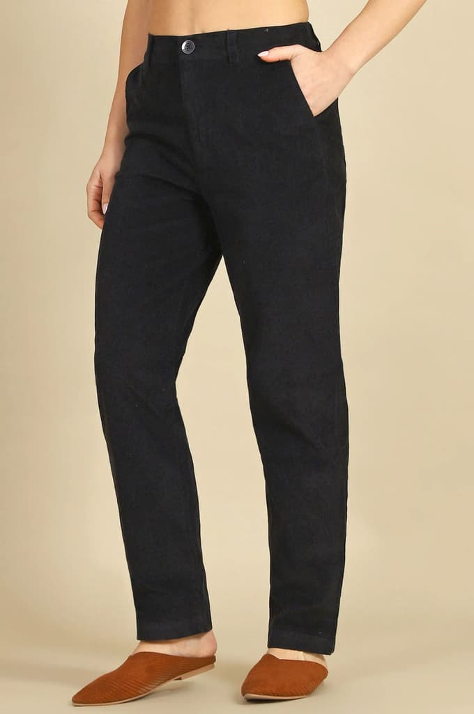 Navy Blue Solid Straight-fit Cotton Pants with YKK Zipper — photo 4