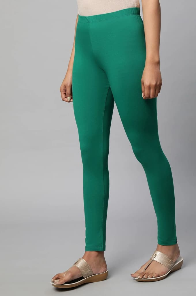 Green Solid Skinny Fit Cotton Tights With Elasticated Waist — photo 3