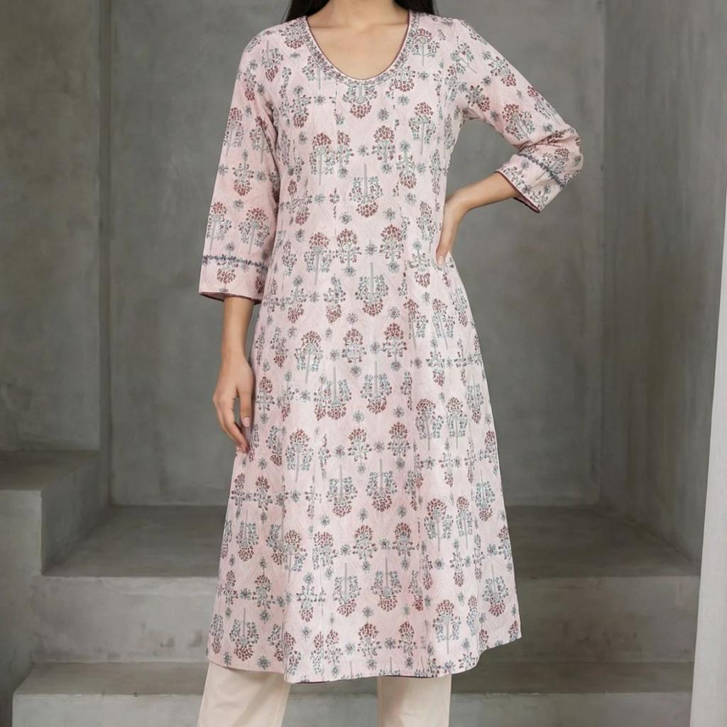 Light Pink Floral Printed Sequins Pure Cotton A-line Kurta