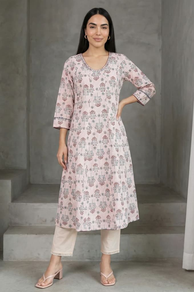 Light Pink Floral Printed Sequins Pure Cotton A-line Kurta — XS