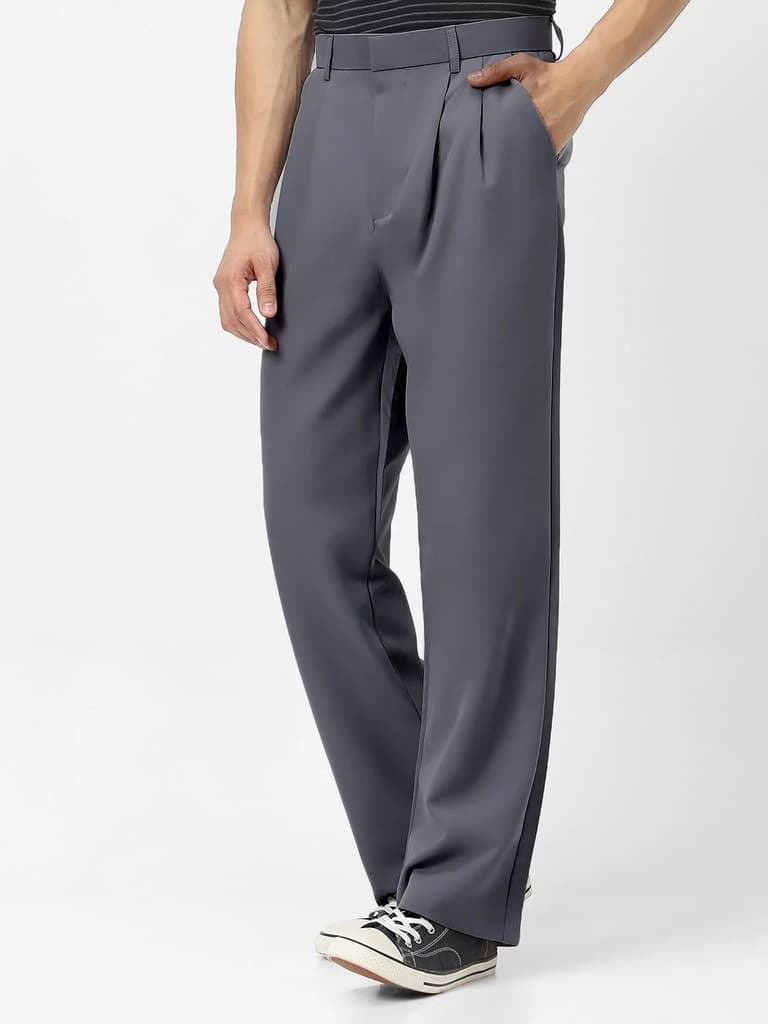 Men's Medium Grey Loose Baggy Fit Solid Korean Trousers Stretchable — photo 3