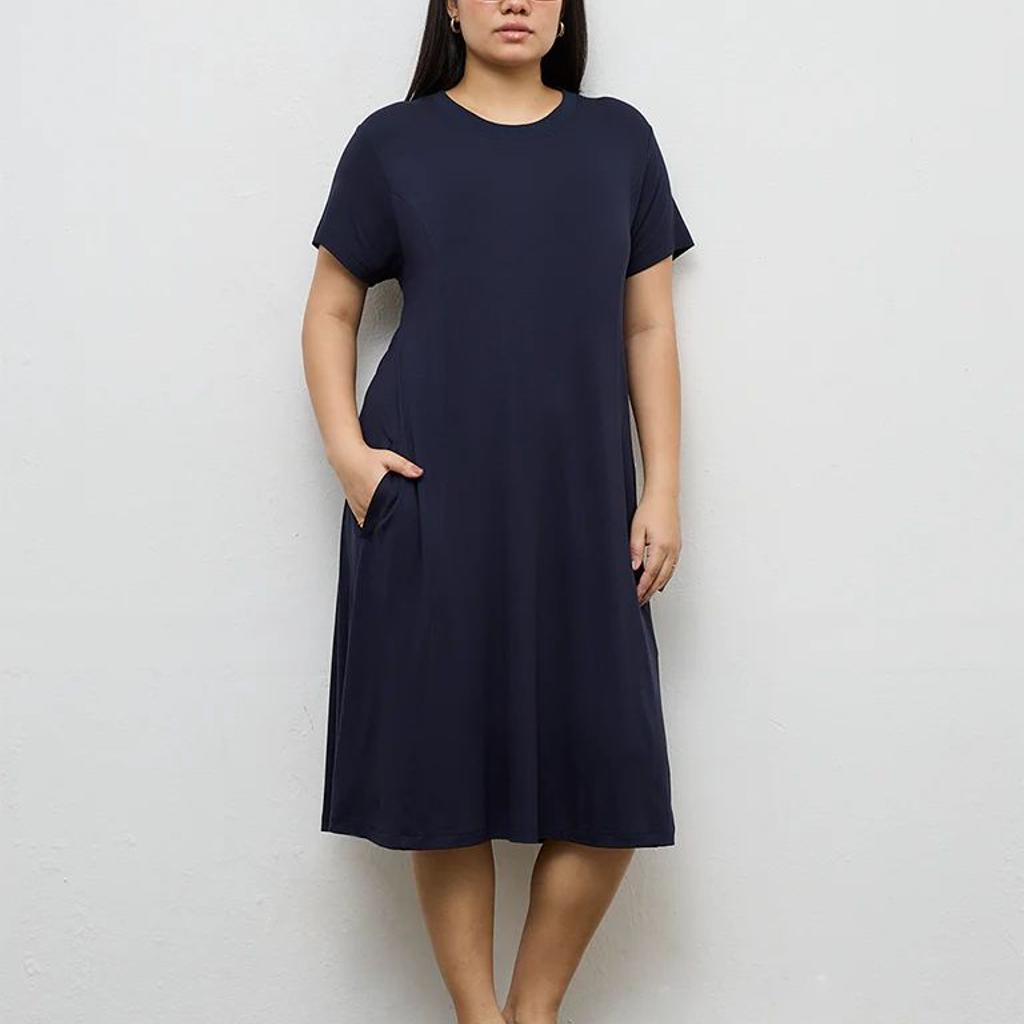 Gia Navy Solid Cotton A-Line Dress