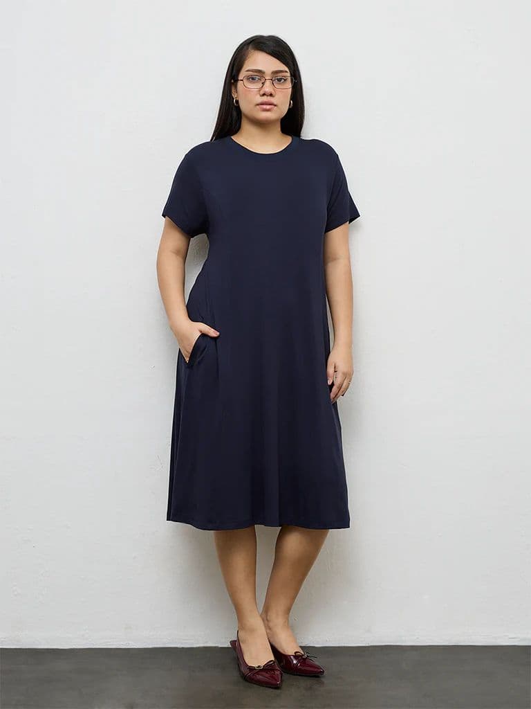 Gia Navy Solid Cotton A-Line Dress