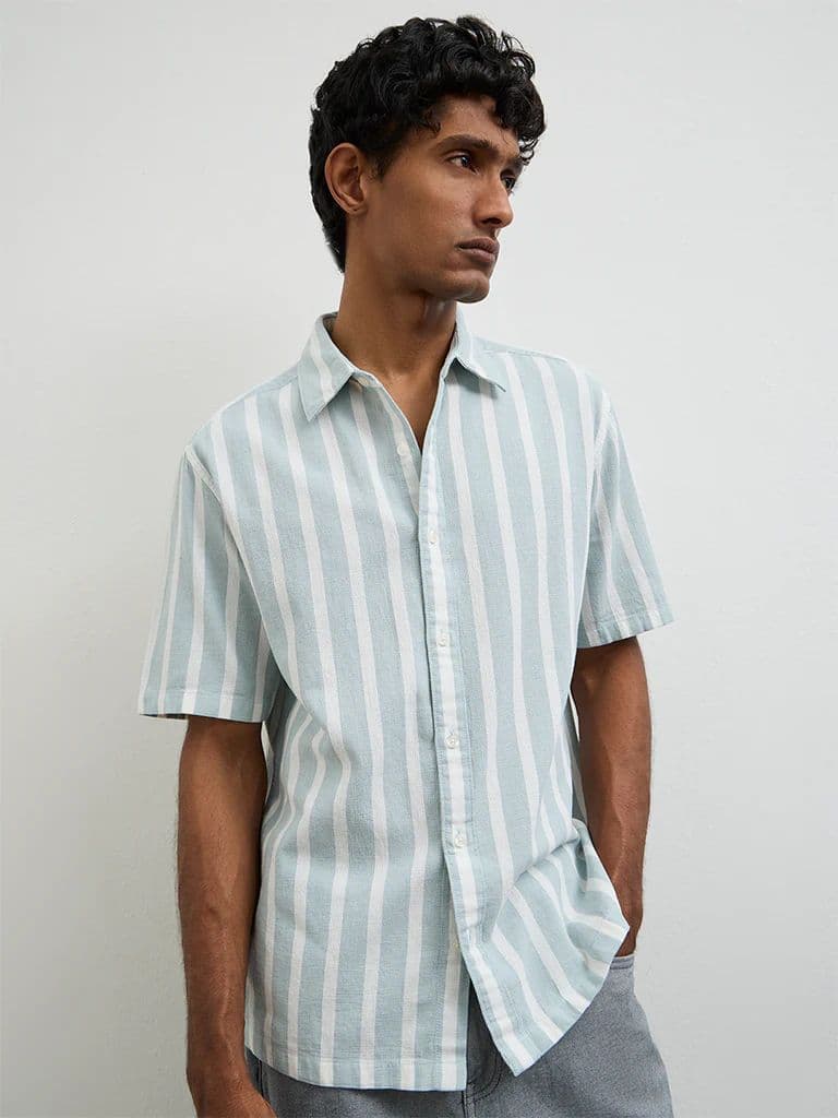 WES Casuals Light Teal Striped Relaxed-Fit Cotton Shirt — photo 3
