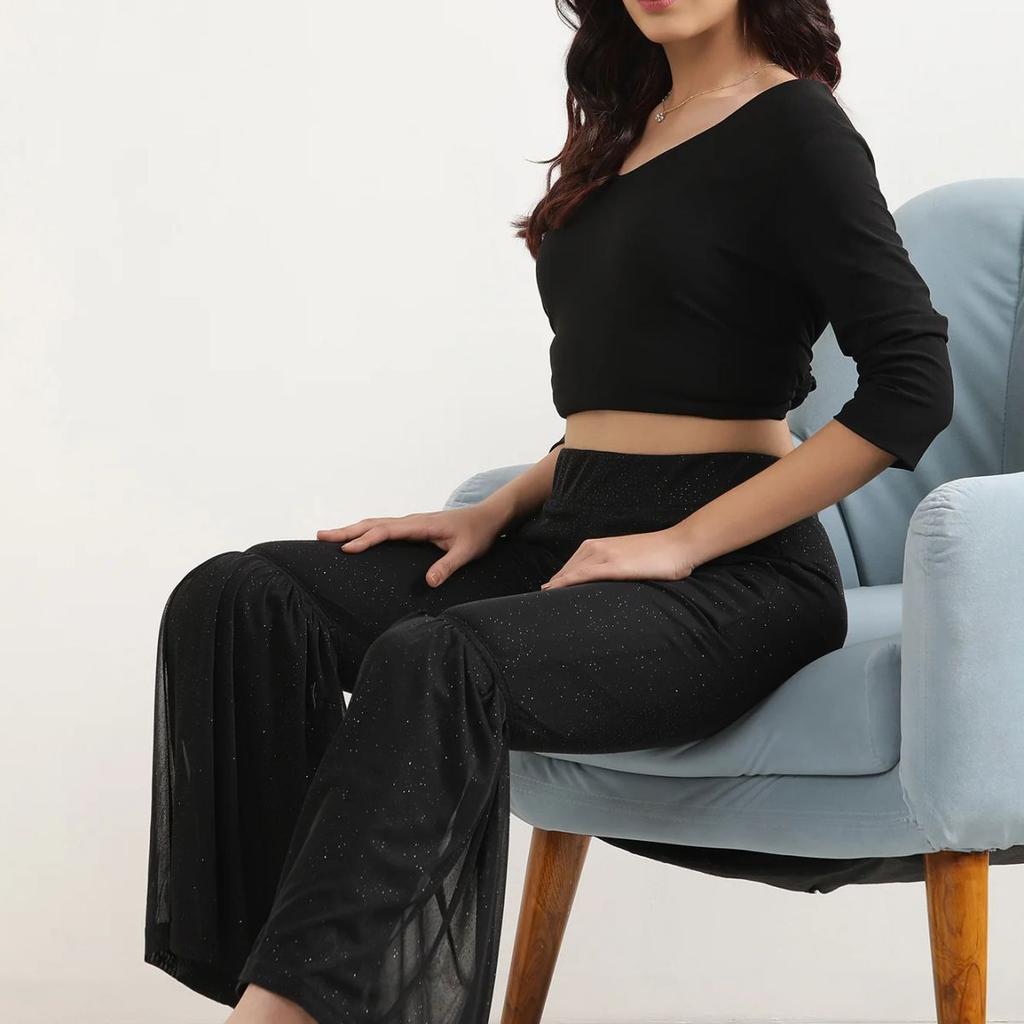 Black Printed Flared Sharara With Elasticated Waist