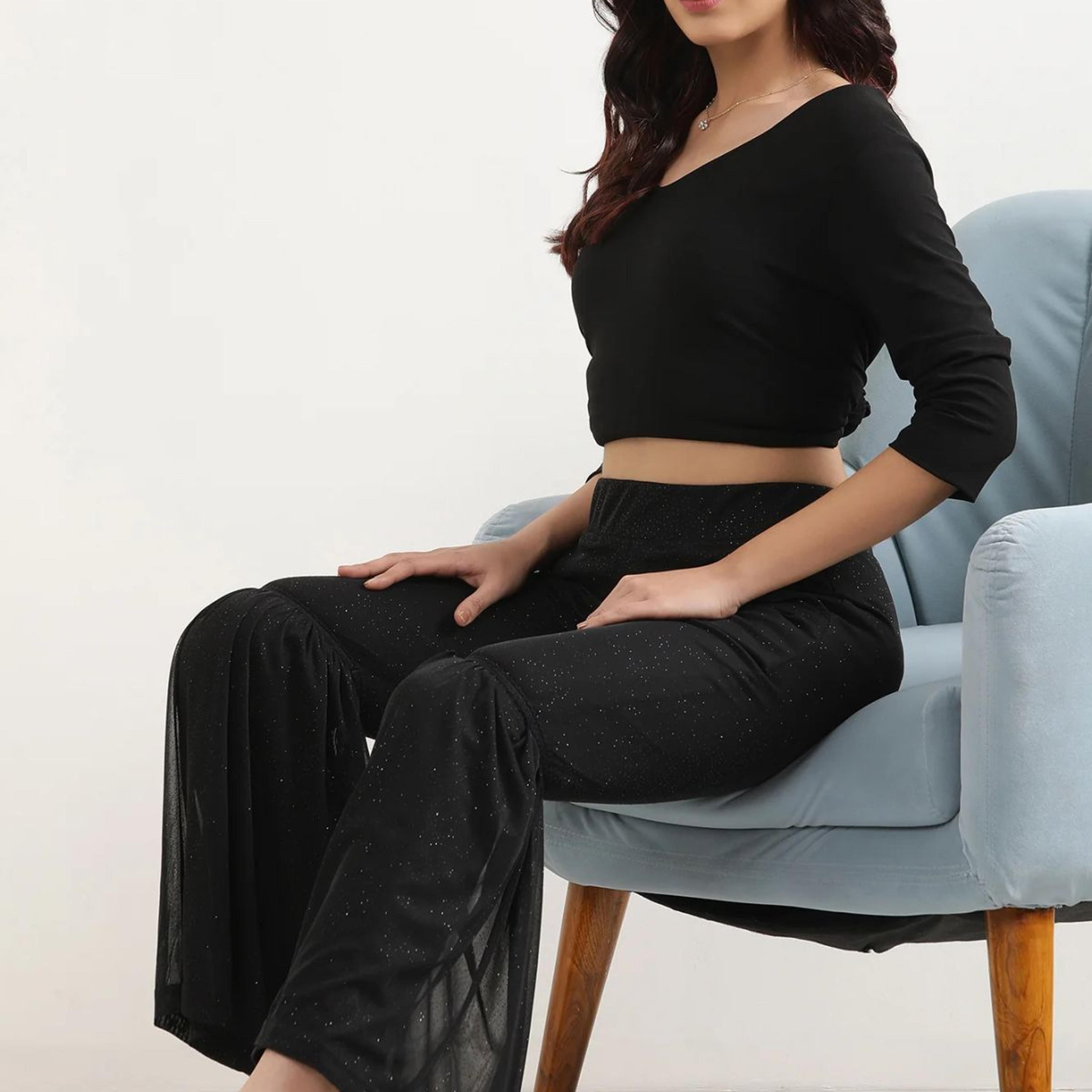 Black Printed Flared Sharara With Elasticated Waist