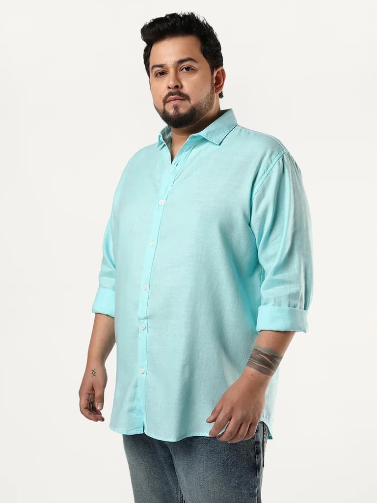 Plus Men's Sky Blue Linen Blend Full Sleeve Relaxed Fit Casual Solid Shirt — photo 3