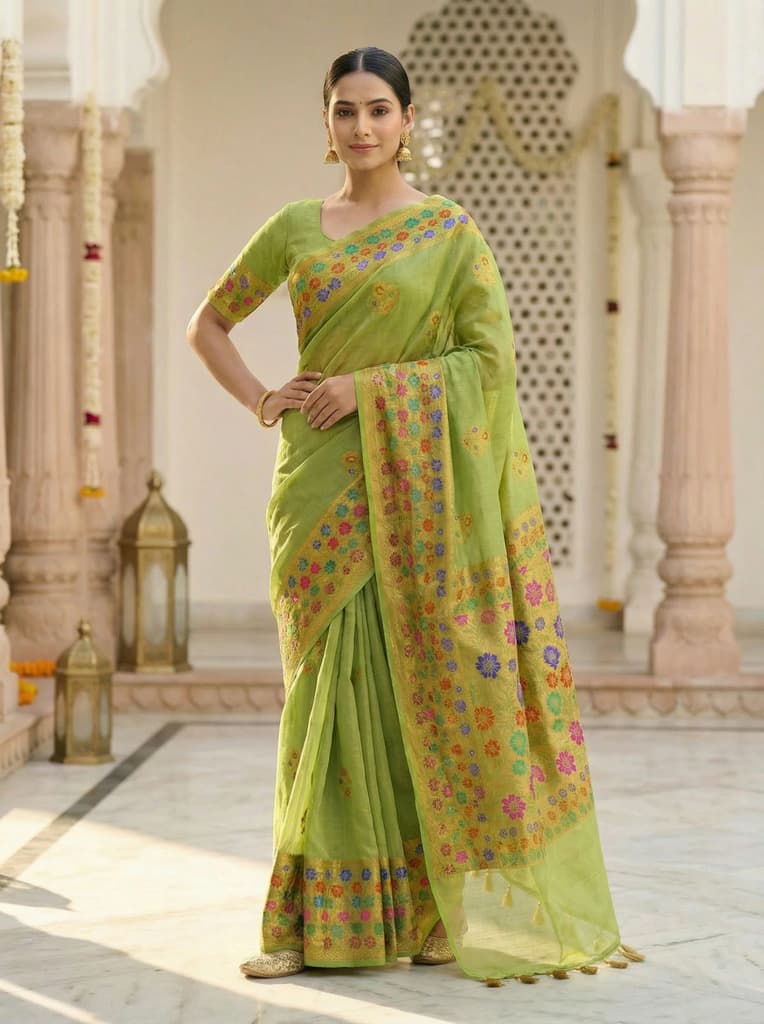 MIMOSA Women's Woven Design Paithani Style Raw Silk Saree with Blouse Piece - Olive ( SA00003127OLFREE ) — photo 2
