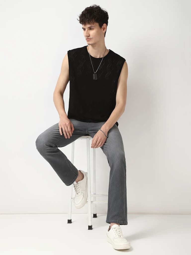 Men's Grey Straight Fit Washed Jeans Stretchable — photo 5
