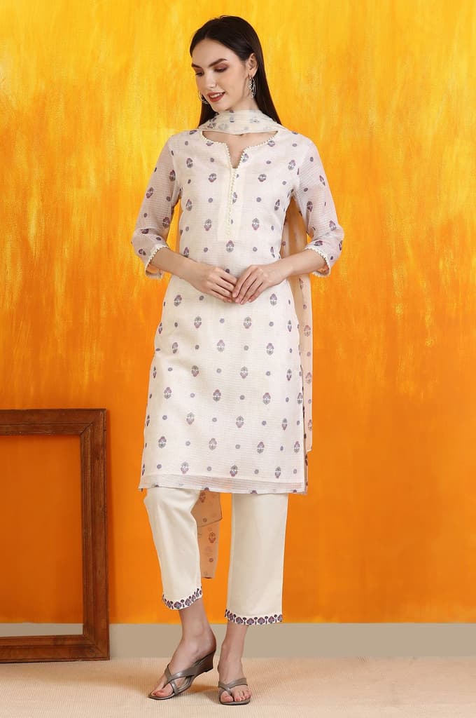 Light Beige Floral Printed Straight Kota Kurta, Pants and Dupatta Set — photo 2
