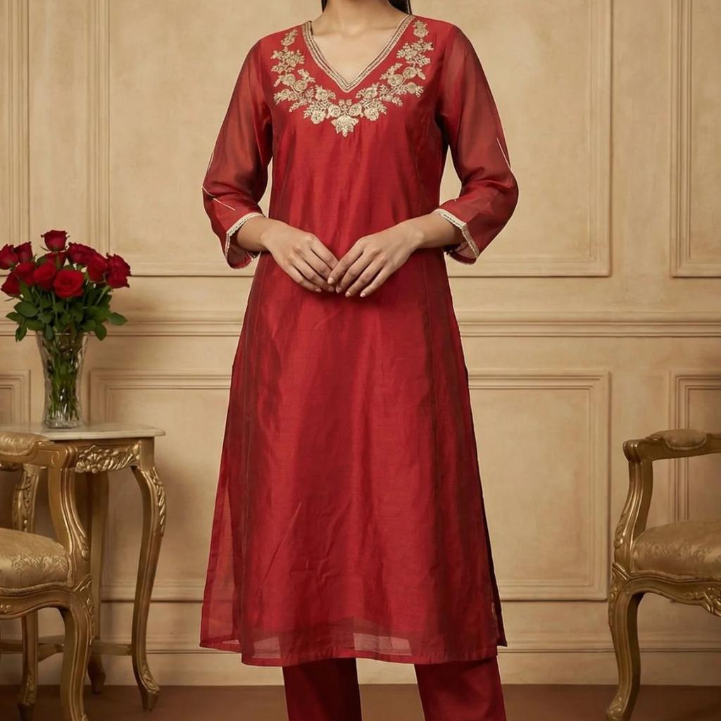 Maroon Yarn Dyed Zari Embroidered Straight Chanderi Kurta