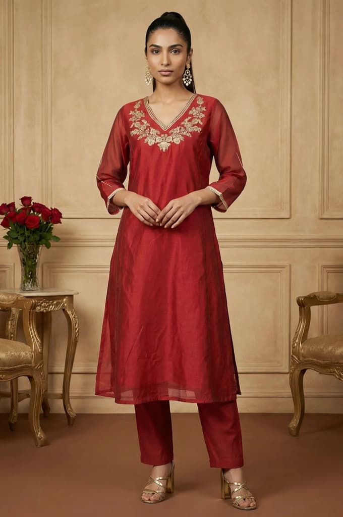 Maroon Yarn Dyed Zari Embroidered Straight Chanderi Kurta — XS