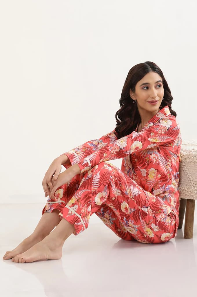 Red Floral Printed Wide Leg Cotton Palazzo With Elasticated Waist