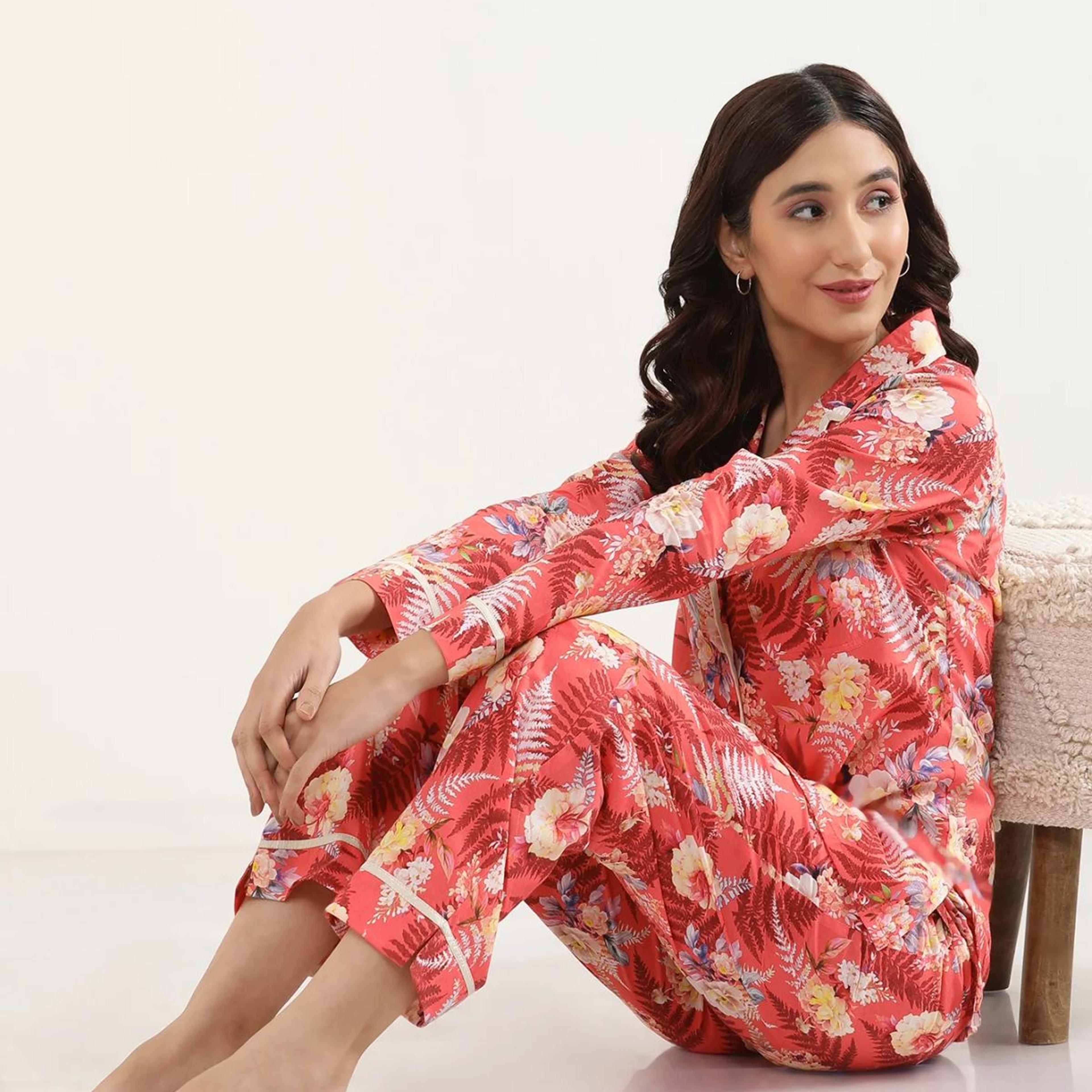 Red Floral Printed Wide Leg Cotton Palazzo With Elasticated Waist