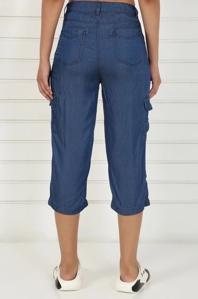 Blue Linen Lyocell Mid Rise Calf Length Capri with YKK Zipper — photo 4
