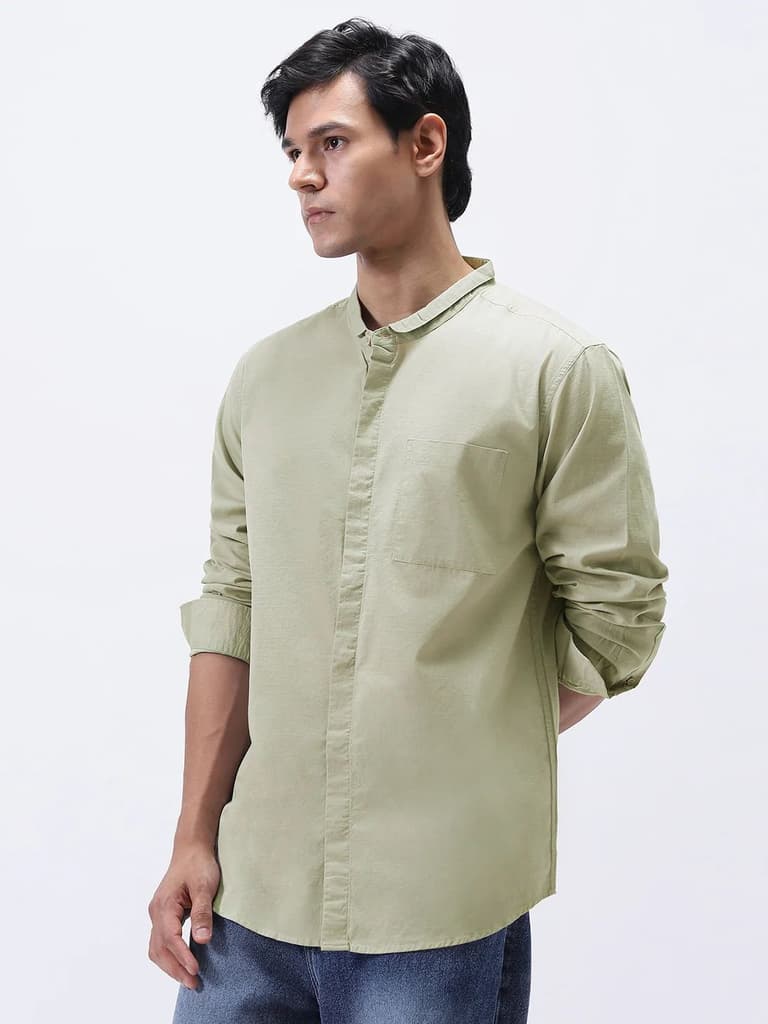 Men's Light Olive Cotton Full Sleeve Regular Fit Casual Solid Shirt with Band Collar — photo 2