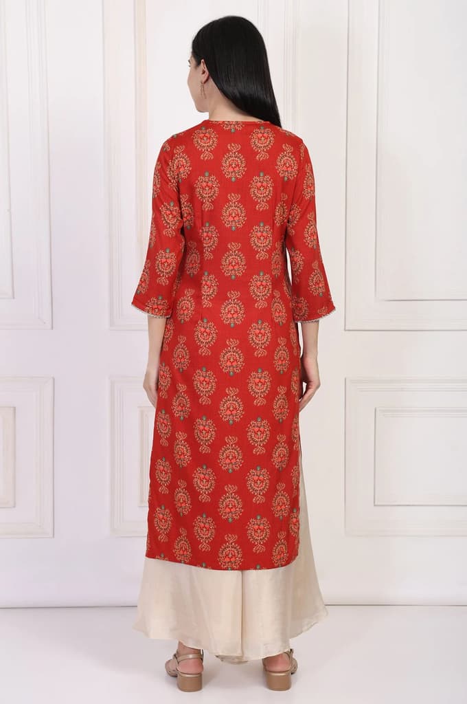 Red Floral Ethnic Printed Lace Trim Straight Rayon Kurta — photo 5