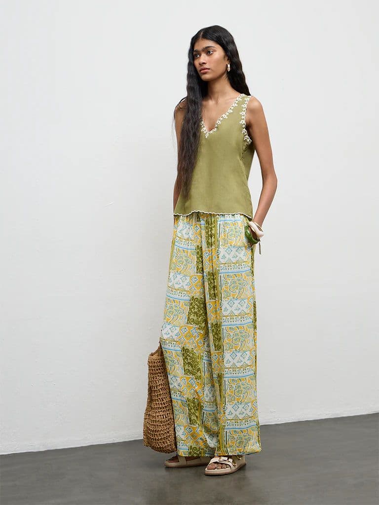 Bombay Paisley Olive Embroidered Cotton-Blend Top — photo 2