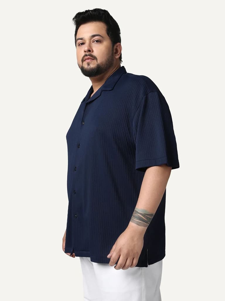Plus Men's Navy Cotton Half Sleeve Oversized Fit Textured Shirt with Cuban Collar — photo 2