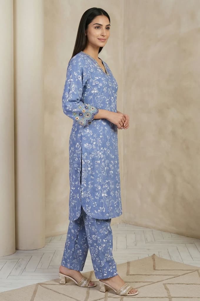 Blue Floral Printed Straight Kurta with Pants Set — photo 5