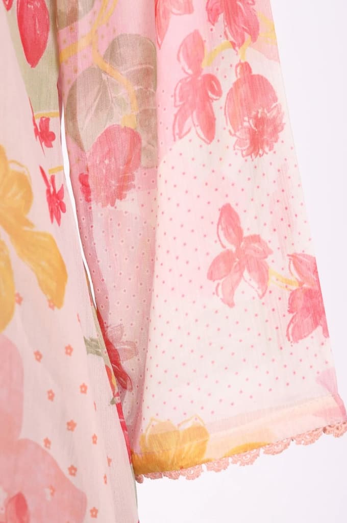 Pink Floral Printed Lace Silver Chiffon Straight Top — photo 7