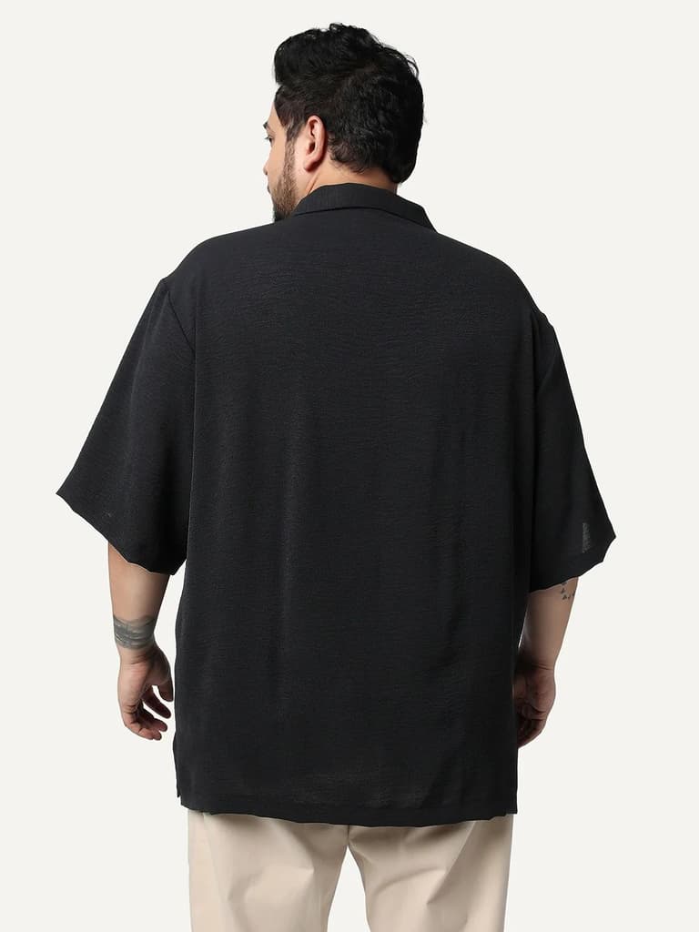Plus Men's Black Cotton Half Sleeve Relaxed Fit Textured Shirt with Cuban Collar — photo 3
