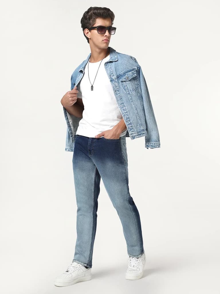 Men's Blue Straight Fit Heavy Washed Faded Denim Jeans Stretchable — photo 4