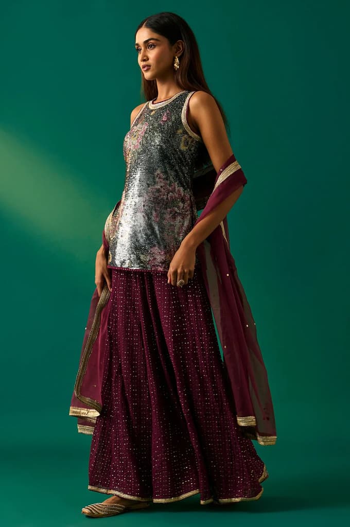 Green Embroidered Straight Kurta with Sharara and Dupatta Set — photo 2