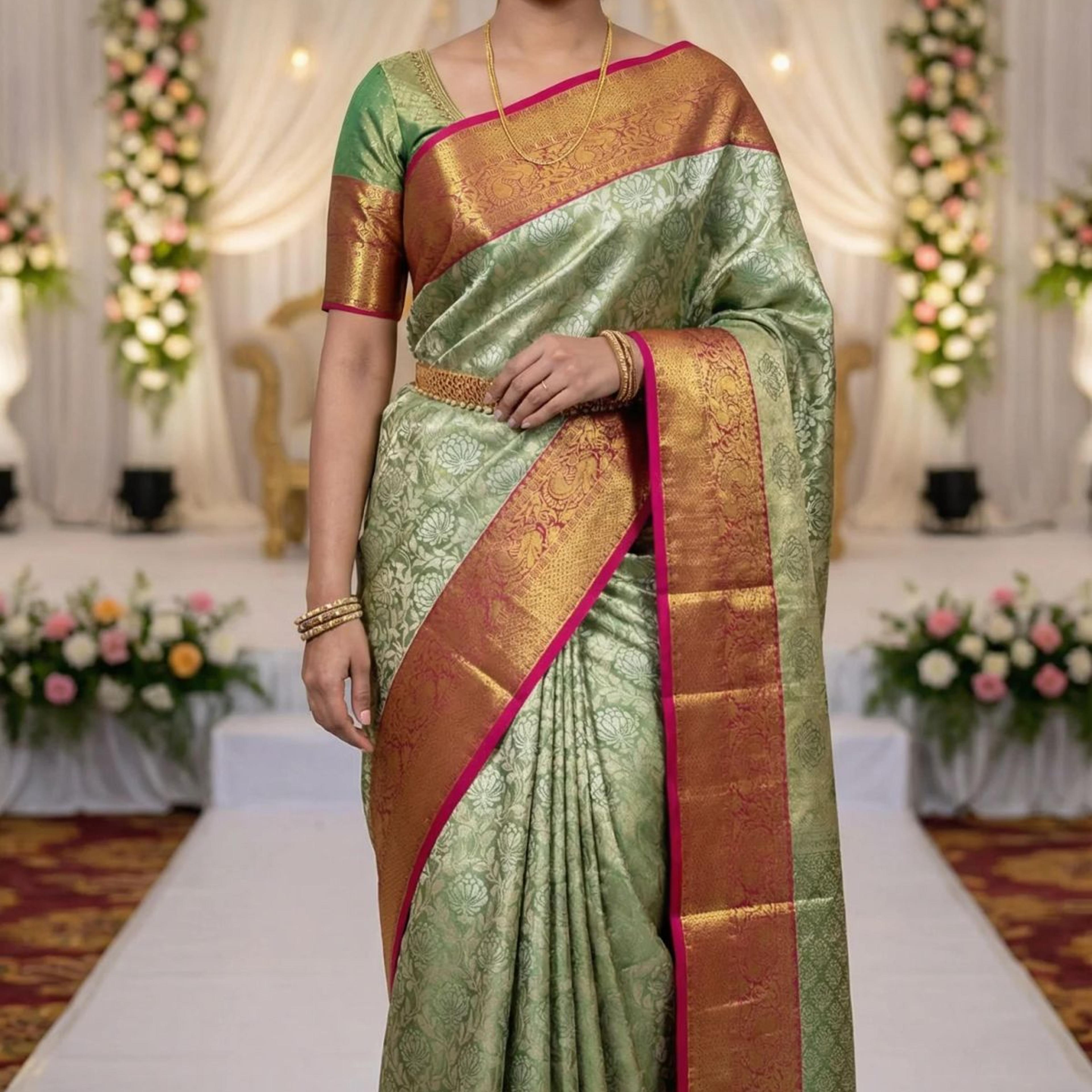 MIMOSA Women's Woven Design Kanjivaram Style Art Silk Saree with Blouse Piece - Green (SA00002446GRNFREE)