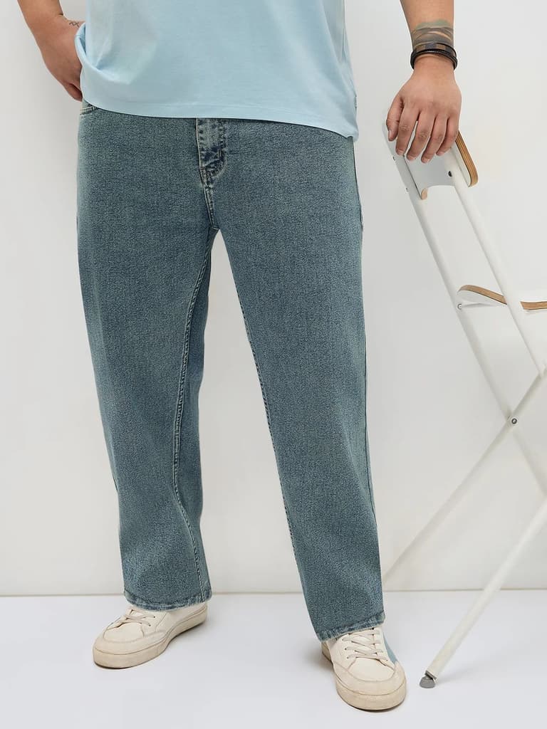 Plus Men's Ice Blue Regular Fit Towel Washed Yellow Tint Denim Jeans Stretchable — 36 / Ice Blue