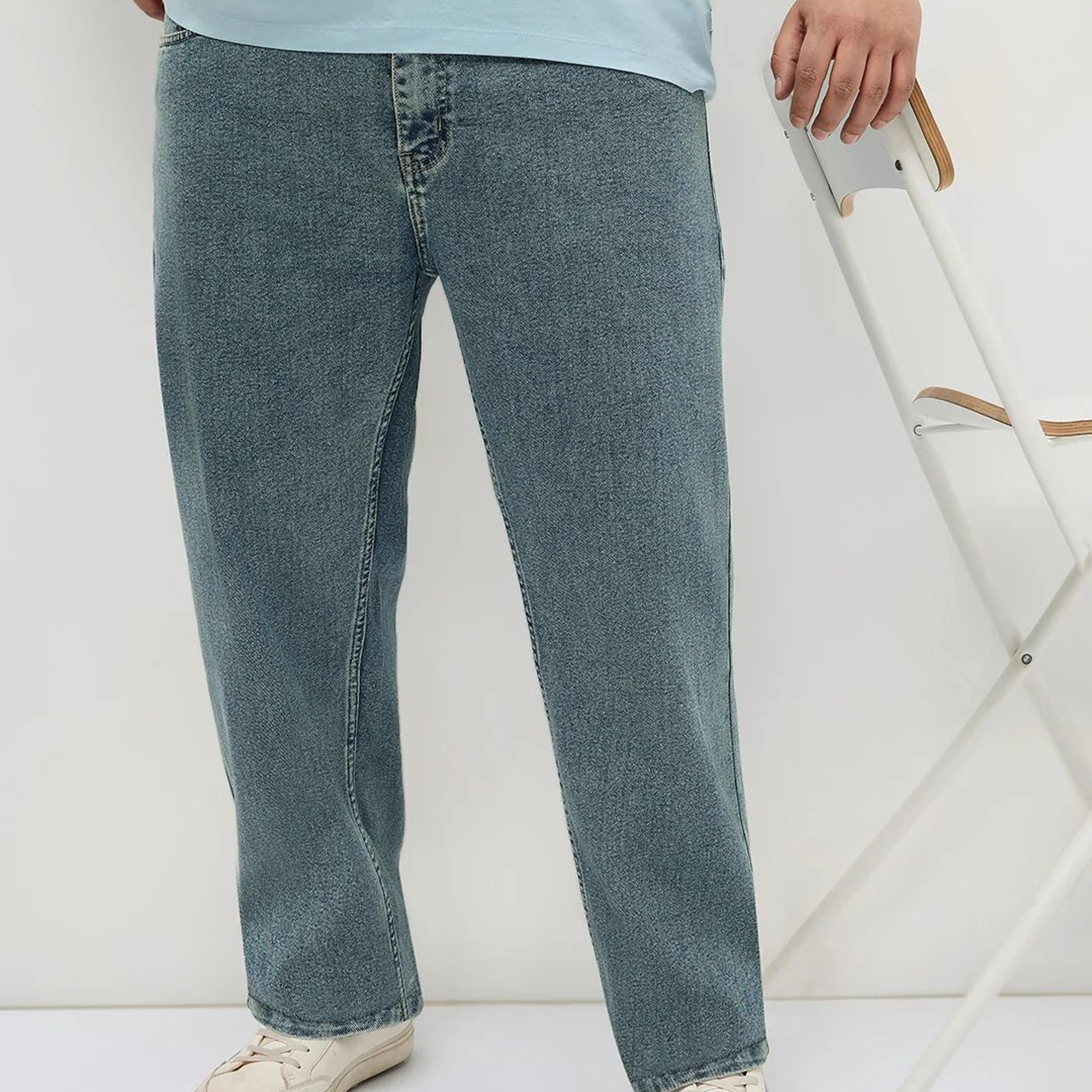 Plus Men's Ice Blue Regular Fit Towel Washed Yellow Tint Denim Jeans Stretchable