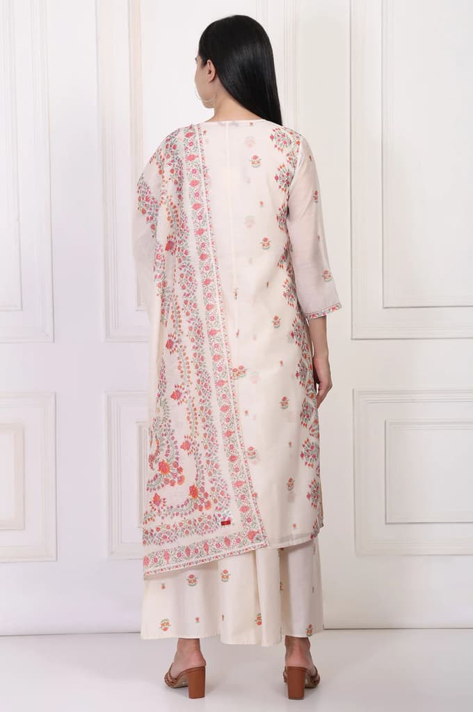 Off-White Floral Printed Lace Trim Straight Chiffon Kurta with Inner, Flared Pant and Dupatta Set — photo 6