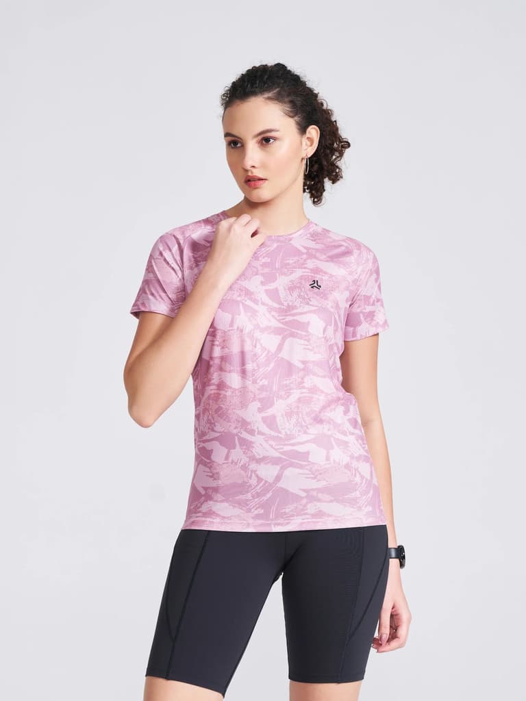 Women's Pink Printed Round Neck T-Shirt — Pink / XS