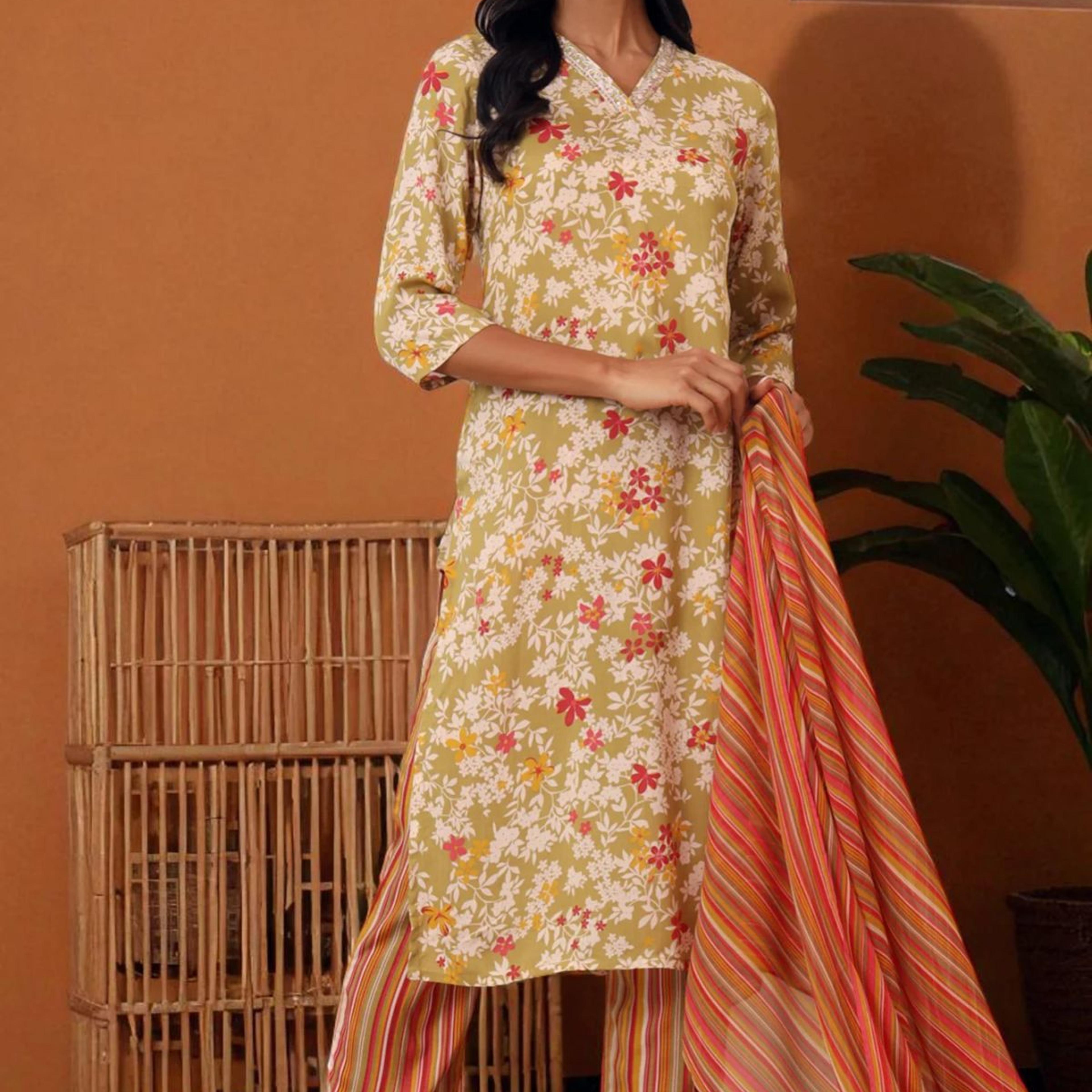 Beige Floral Printed Pure Cotton Straight Kurta, Pants and Dupatta Set