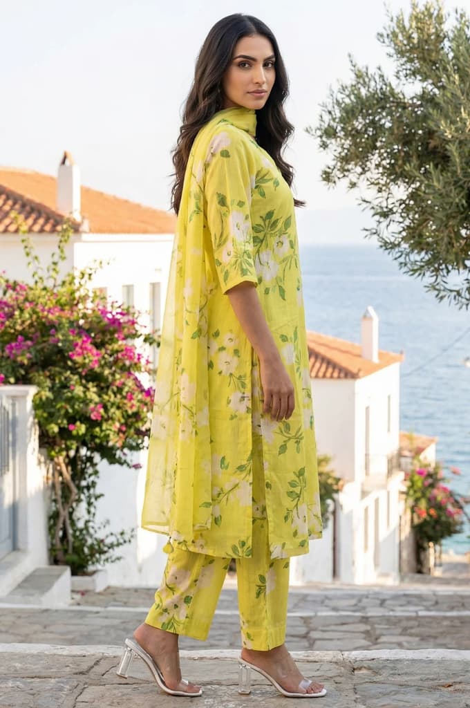 Yellow Floral Printed Pure Cotton Straight Kurta with Pants and Dupatta Set — photo 3