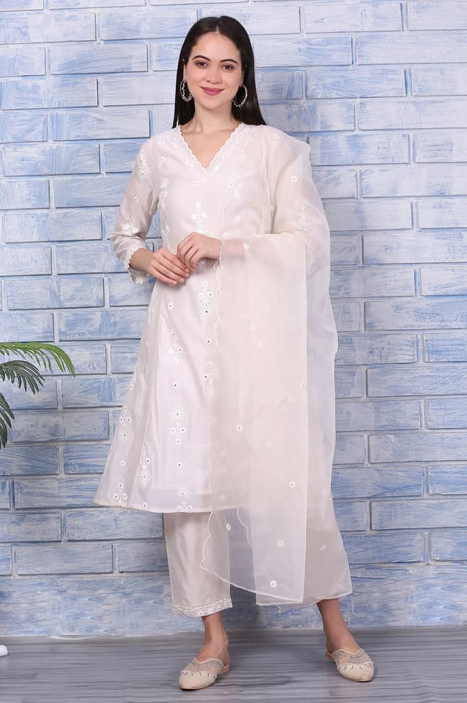 Cream Mirror Work Embroidered Chanderi Flared Kurta, Pants and Dupatta Set — photo 2