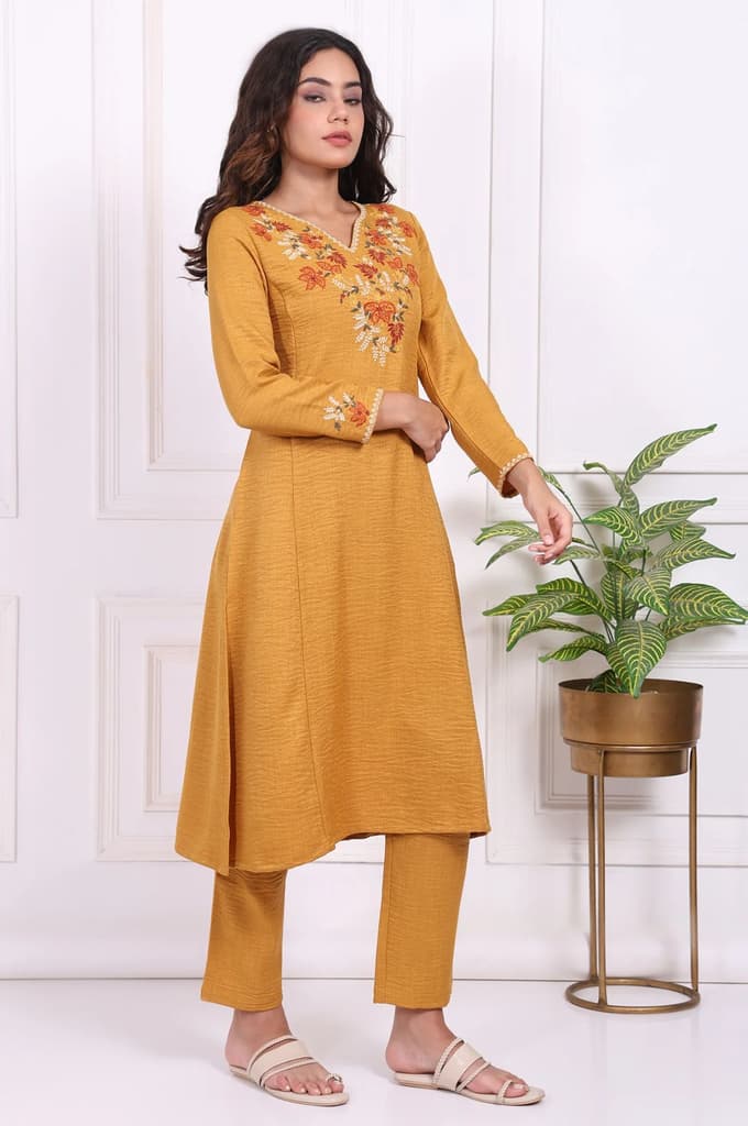 Mustard Floral Embroidered Straight Kurta with Straight Pant and Dupatta Set — photo 6