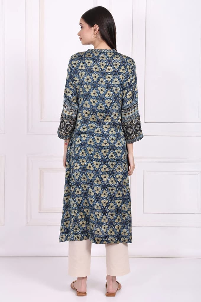 Blue Floral Printed Thread Embroidered Modal Satin Straight Kurta — photo 5