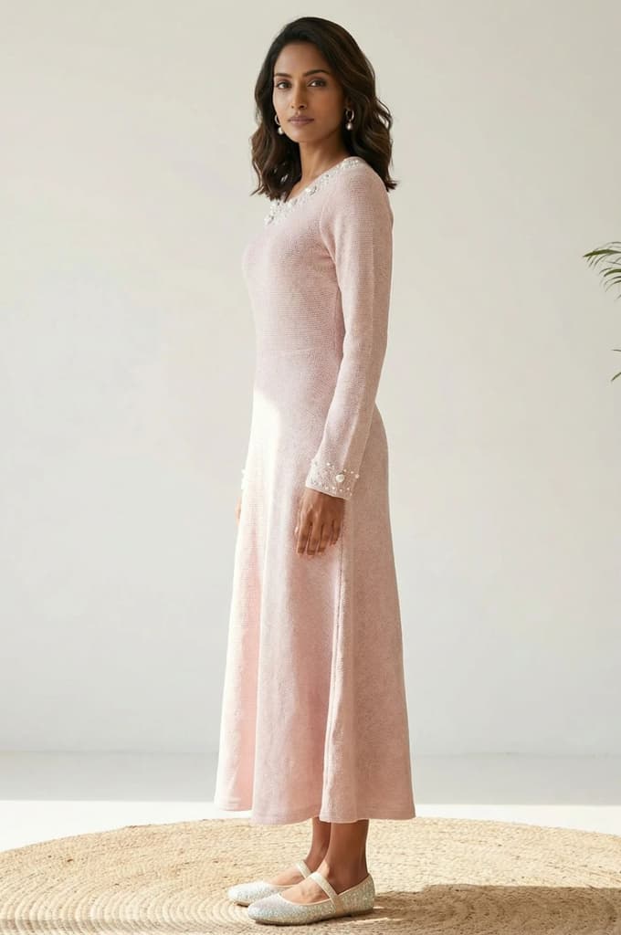 Pink Solid Sequins A-line Winter Dress — photo 5