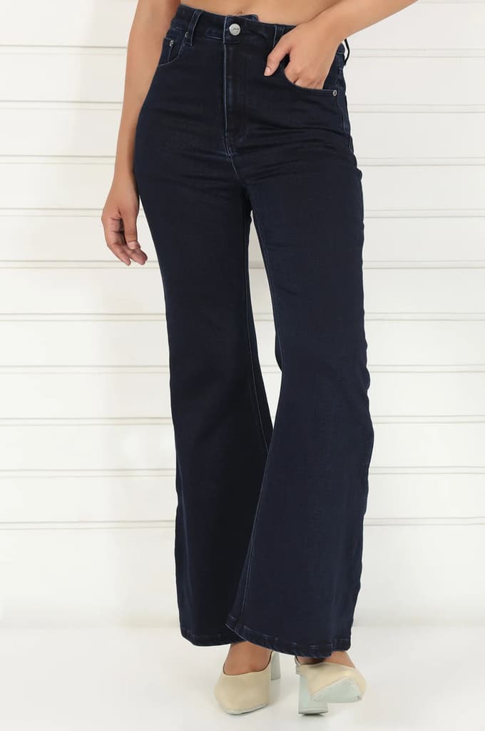 Blue Denim Lycra Mid Rise Ankle Length Flared Pants with YKK Zipper — photo 2
