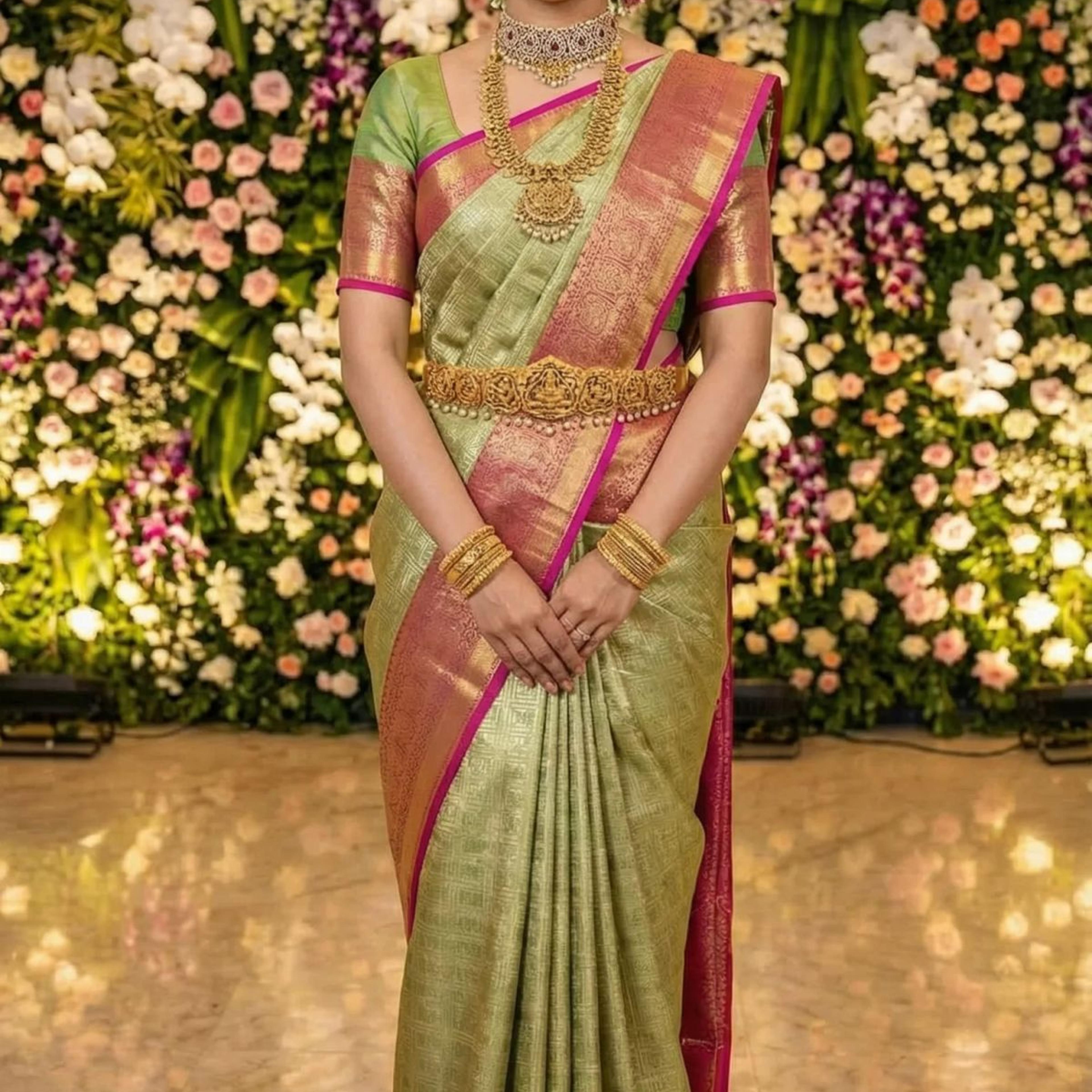 MIMOSA Women's Woven Design Kanjivaram Style Art Silk Saree with Blouse Piece - Green (SA00001522GRNFREE)
