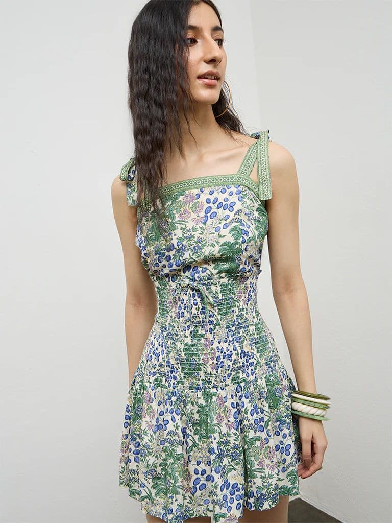 Bombay Paisley Green Floral Cotton-Blend A-Line Dress — photo 2