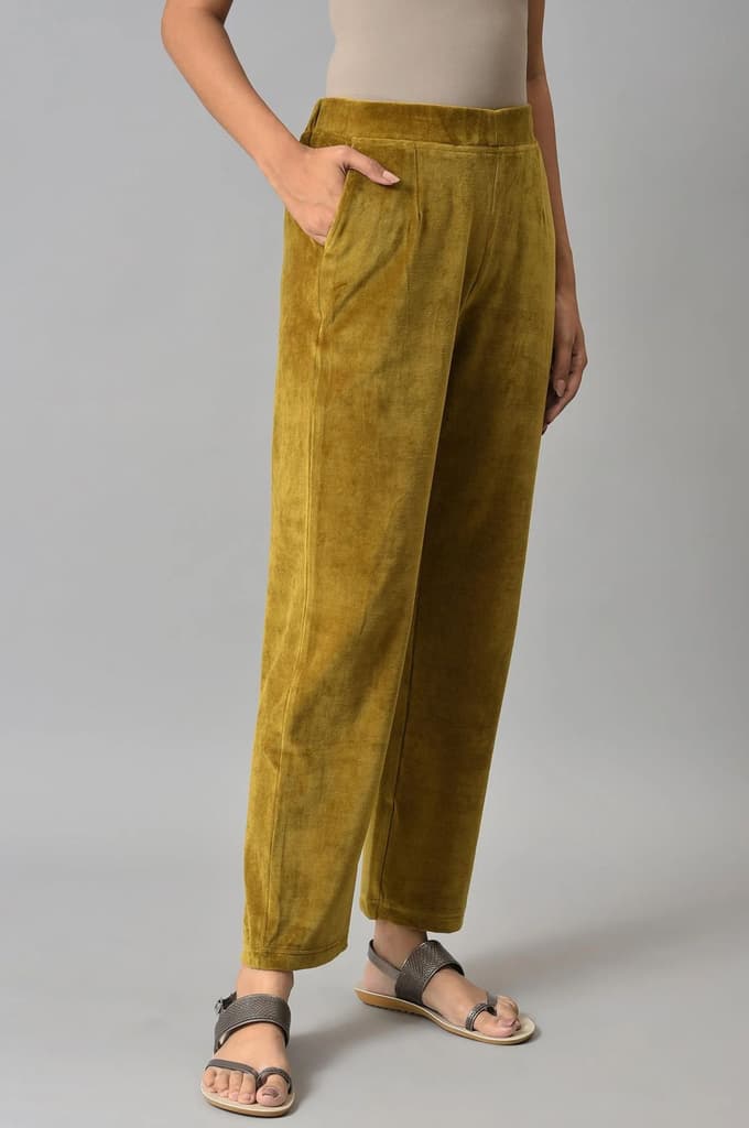 Muted Sage Green Solid Straight Fit Cotton Trousers With Elasticated Waist — photo 4