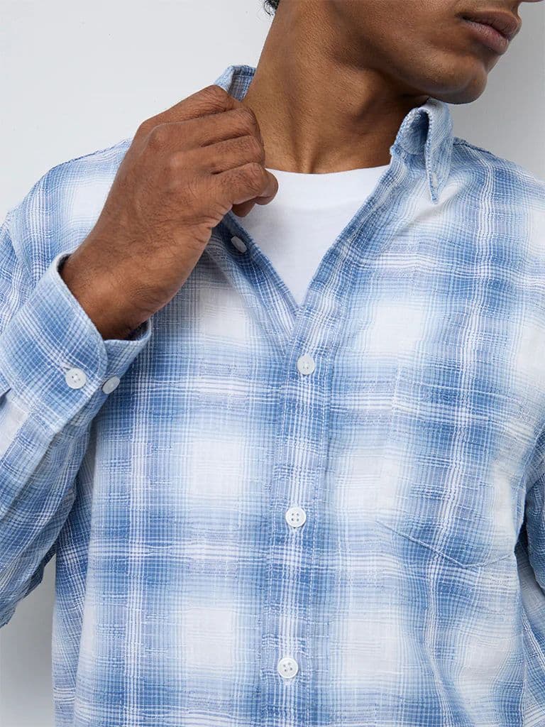 WES Casuals Blue Checkered Relaxed-Fit Cotton Shirt — photo 3