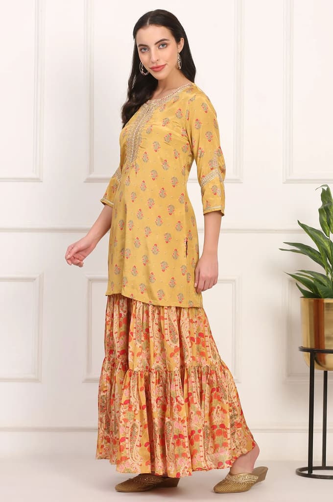 Yellow Embroidered Straight Shantung Kurta with Sharara and Dupatta Set — photo 4