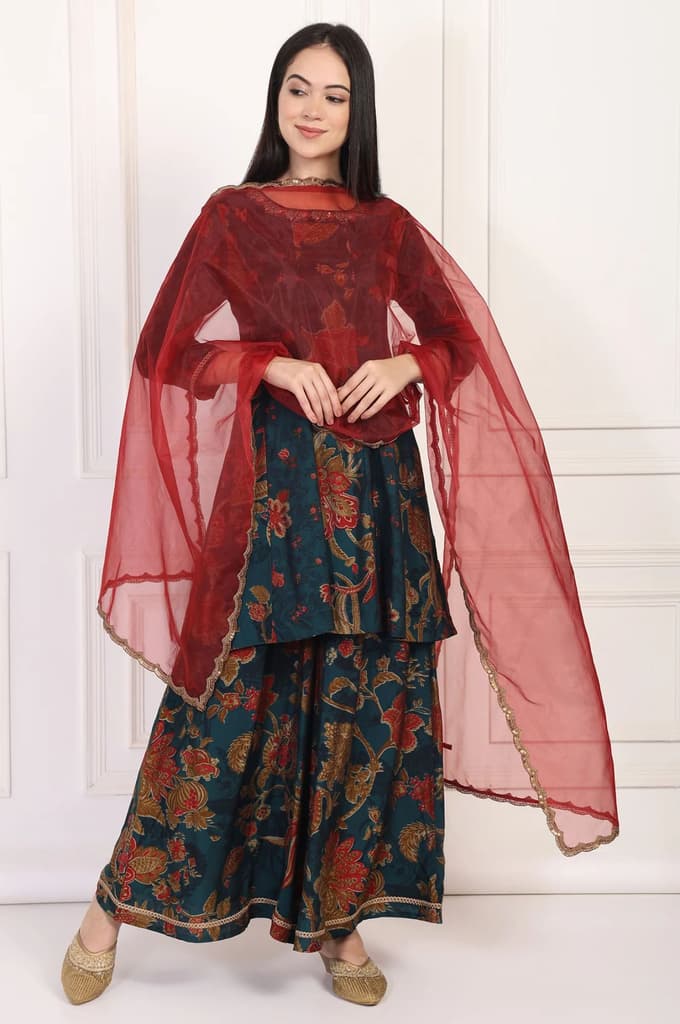 Teal Floral Printed Embellished A-Line Kurta with Flared Pant and Dupatta Set — photo 2