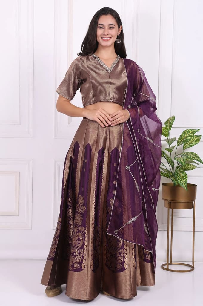 Purple Embellished Jacquard Straight Crop Top, Skirt and Dupatta Set — photo 2
