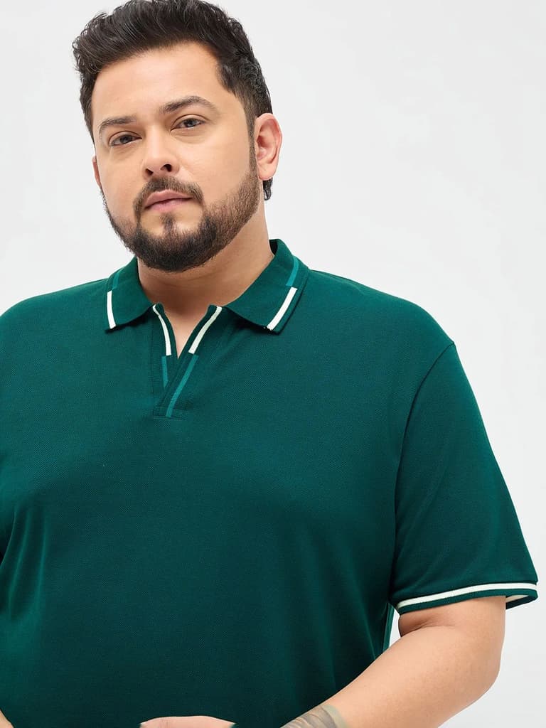 Plus Men's Teal Green Solid Regular Fit Half Sleeve Cotton Polo T-Shirt — photo 5